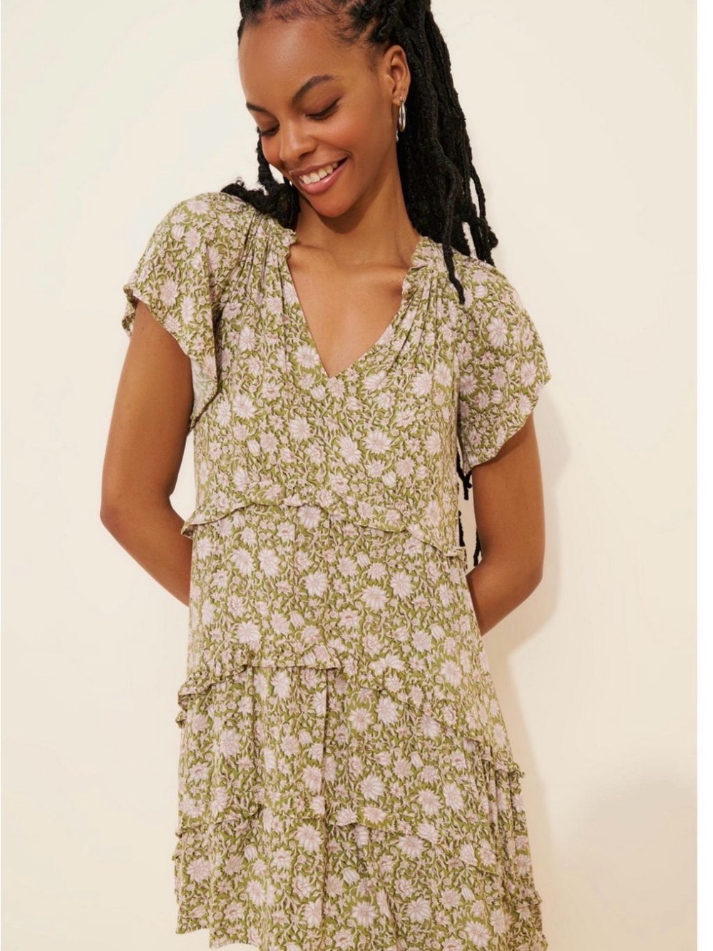 Anthropologie Olive Green and Light Pink Floral Tiered V-Neck Dress